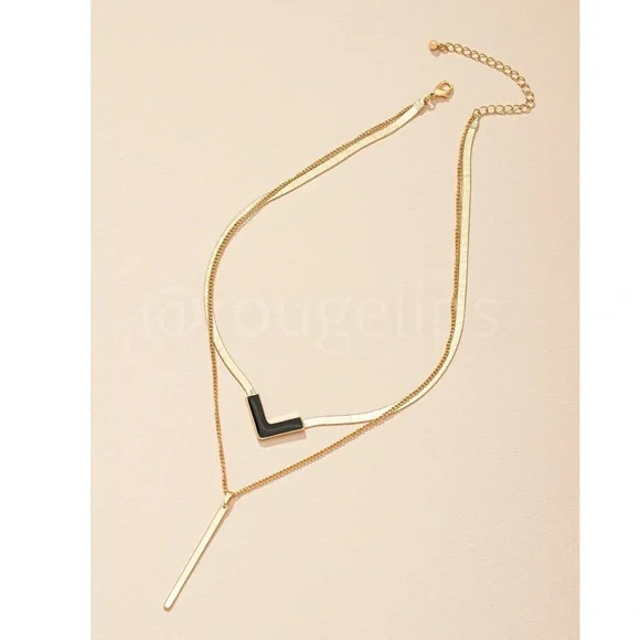 Layered Charm Gold Tone Chain Necklace Zinc Alloy Black V charm, Geometric - Picture 2 of 5